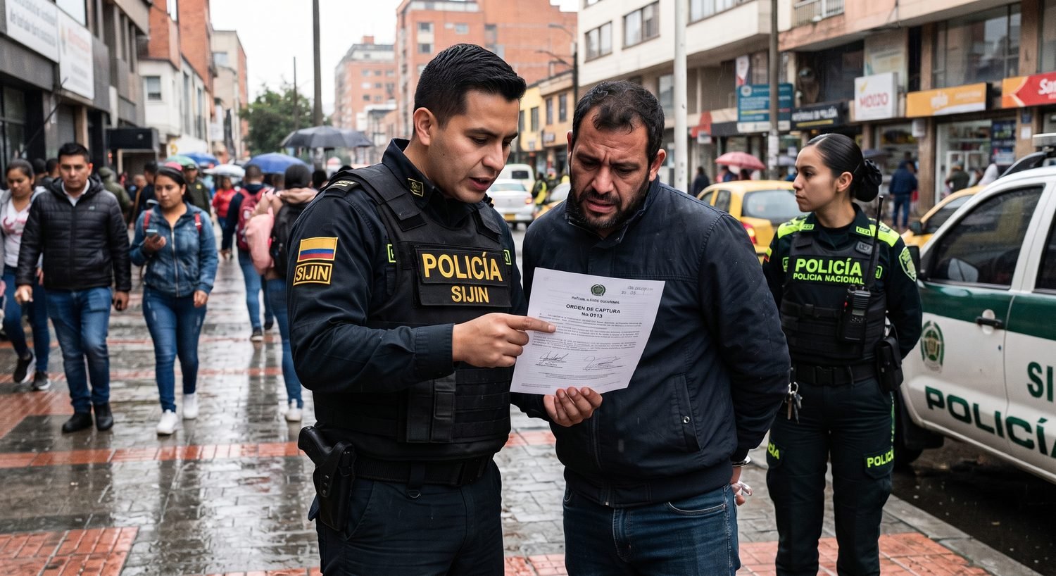 Agentes de la SIJIN notifican una orden de captura a una persona en la vía pública