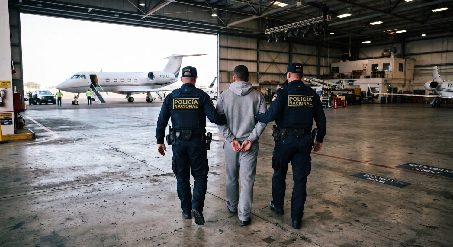 Traslado de una persona requerida en extradición hacia la aeronave, custodiada por la Policía Nacional